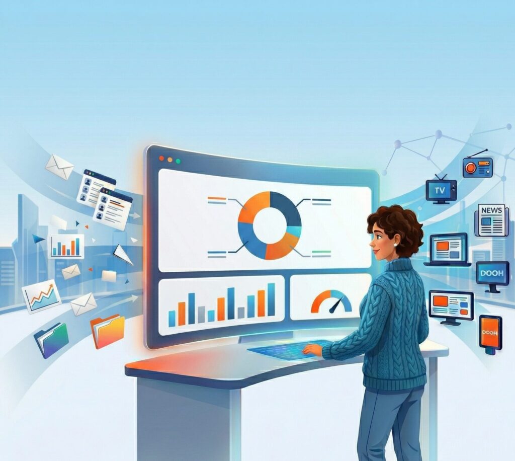 Illustration d'une professionnelle du media planning analysant des données centralisées (TV, Radio, Presse, Digital, DOOH) sur un grand tableau de bord.